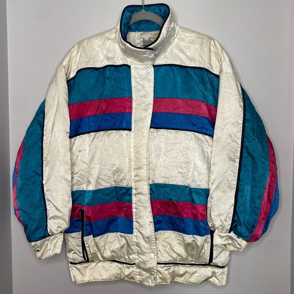 Vintage London Club Jacket Mens M Blue Pink Striped Bomber Wind Breaker Ski Coat